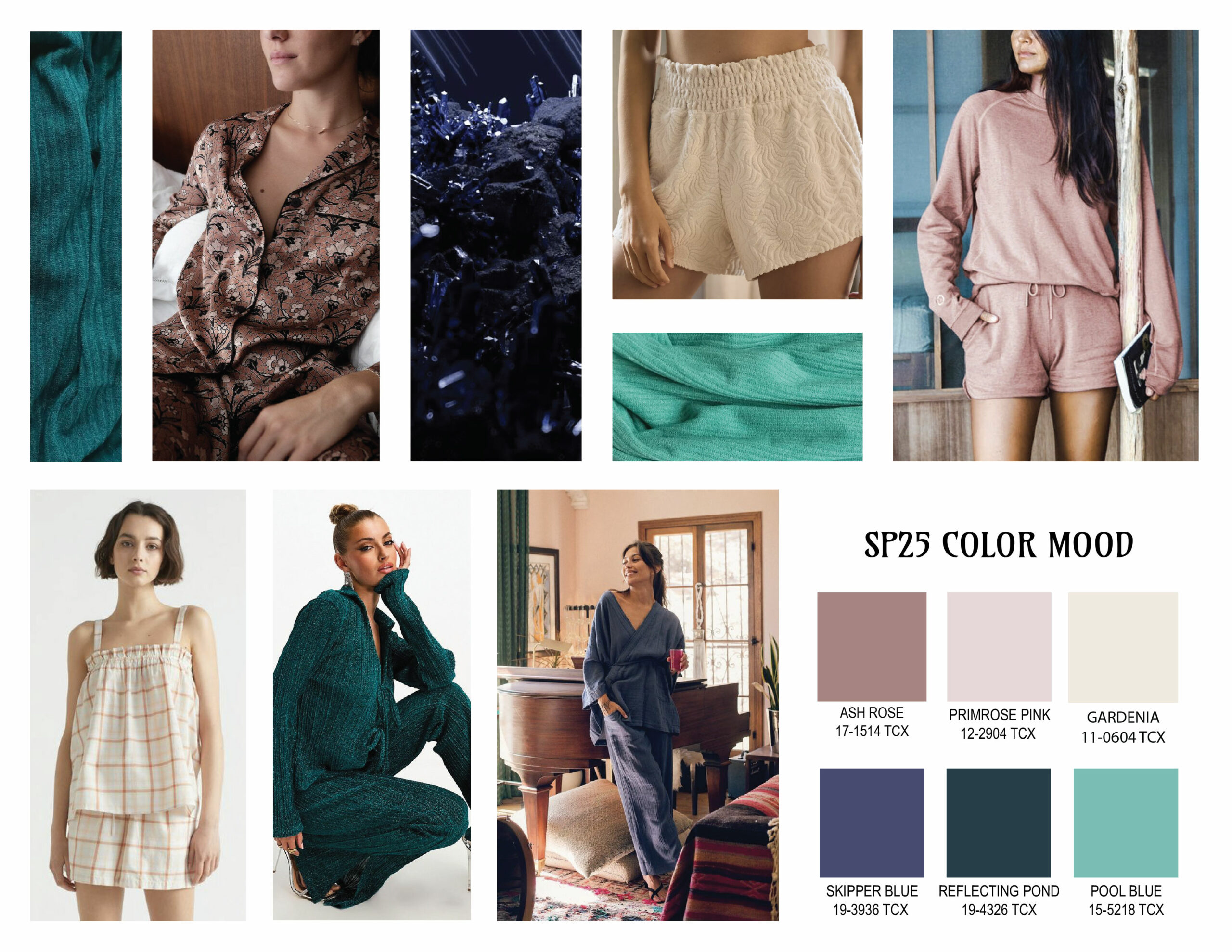 A mood board for SP25 color specific for the loungewear category